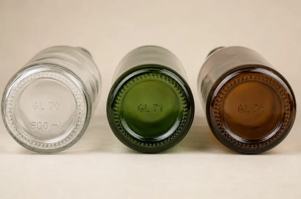 capacity and glass material codes molded into bottle bases
