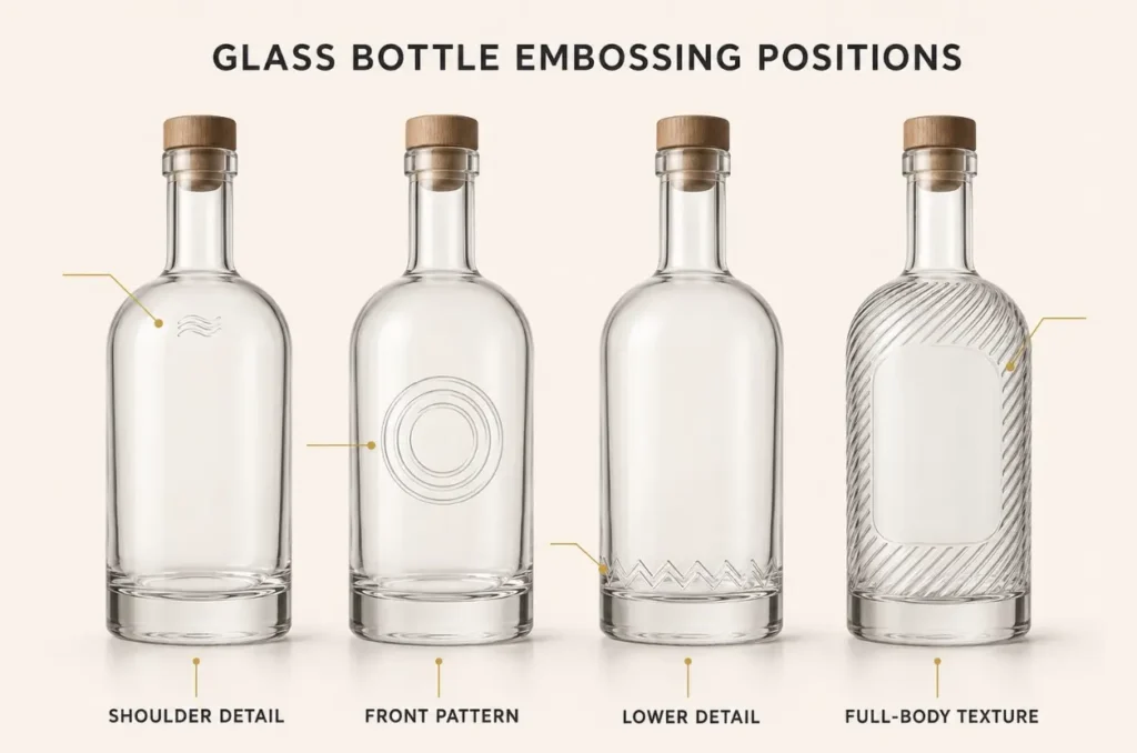 glass bottle embossing on the shoulder body lower sidewall and full bottle surface