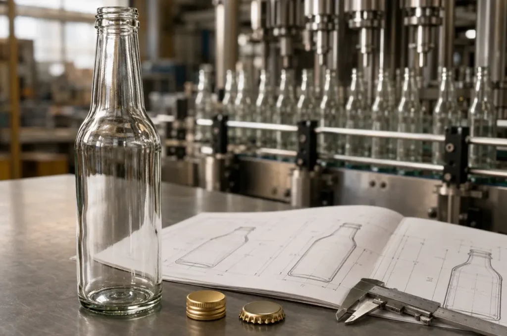 glass bottle closure and technical drawing reviewed for a filling project