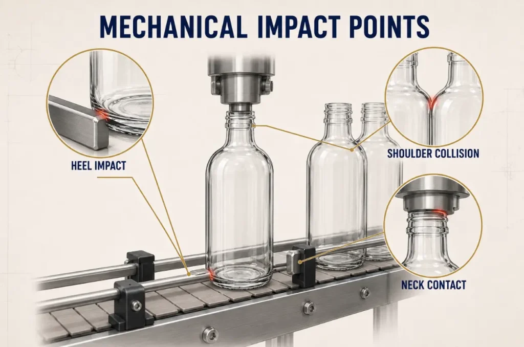 glass bottle heel shoulder and neck damage caused by conveyor contact and filling line impact
