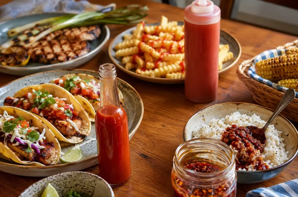 glass and plastic hot sauce bottles with a wide-mouth glass jar for thick chili sauce