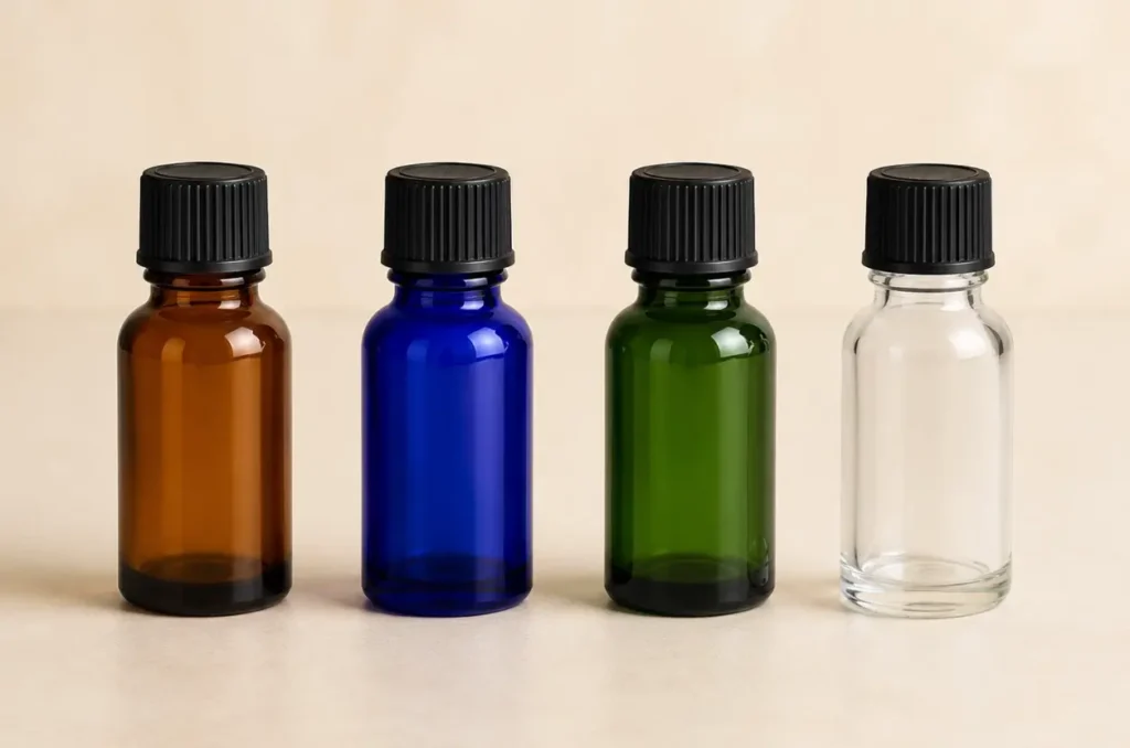 amber cobalt blue green and clear glass bottles for essential oils