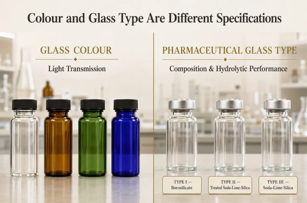 Diagram comparing medicine bottle colour with Type I Type II and Type III pharmaceutical glass