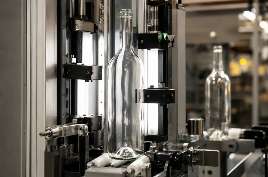 clear wine bottle undergoing wall thickness and glass distribution inspection