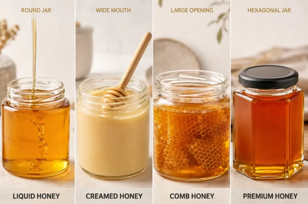 glass jars for liquid creamed comb and premium honey products