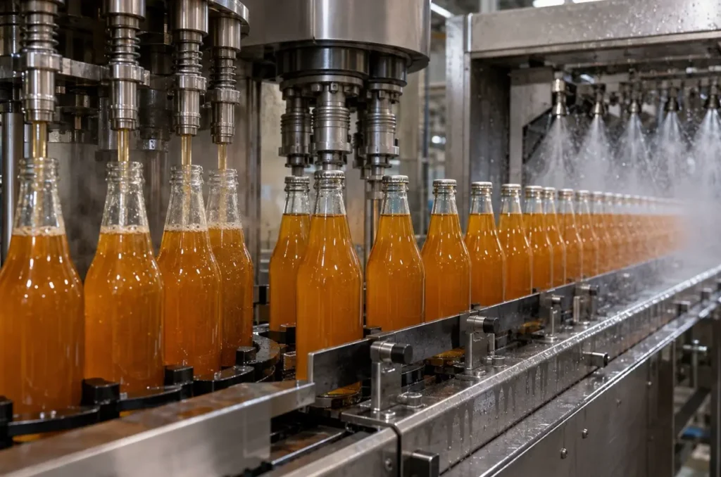 glass bottle moving from hot filling through sealing and controlled cooling