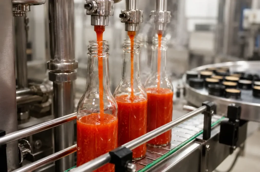 glass hot sauce bottles being hot filled with sauce on a commercial production line