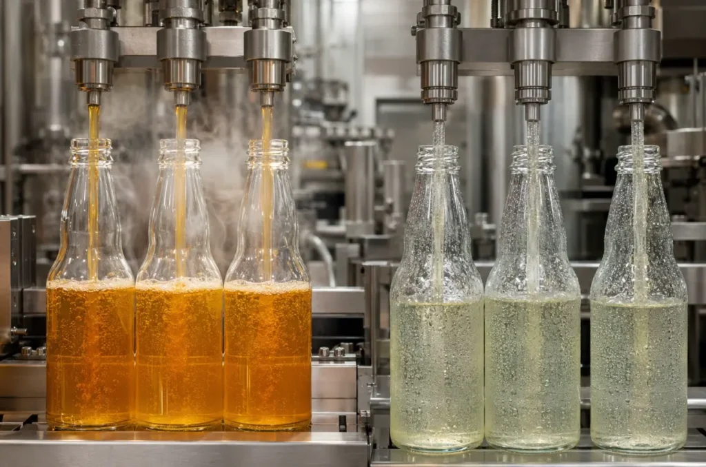 comparison of hot fill and cold fill glass bottles on separate filling lines