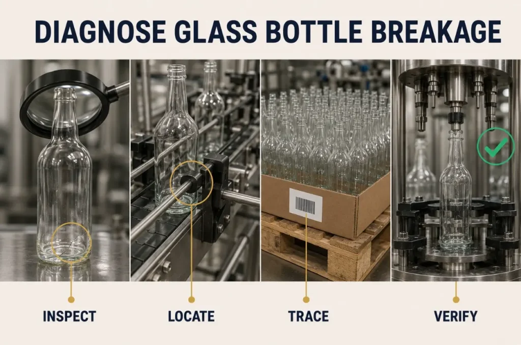 glass bottle breakage diagnosis using fracture location machine inspection batch traceability and line testing