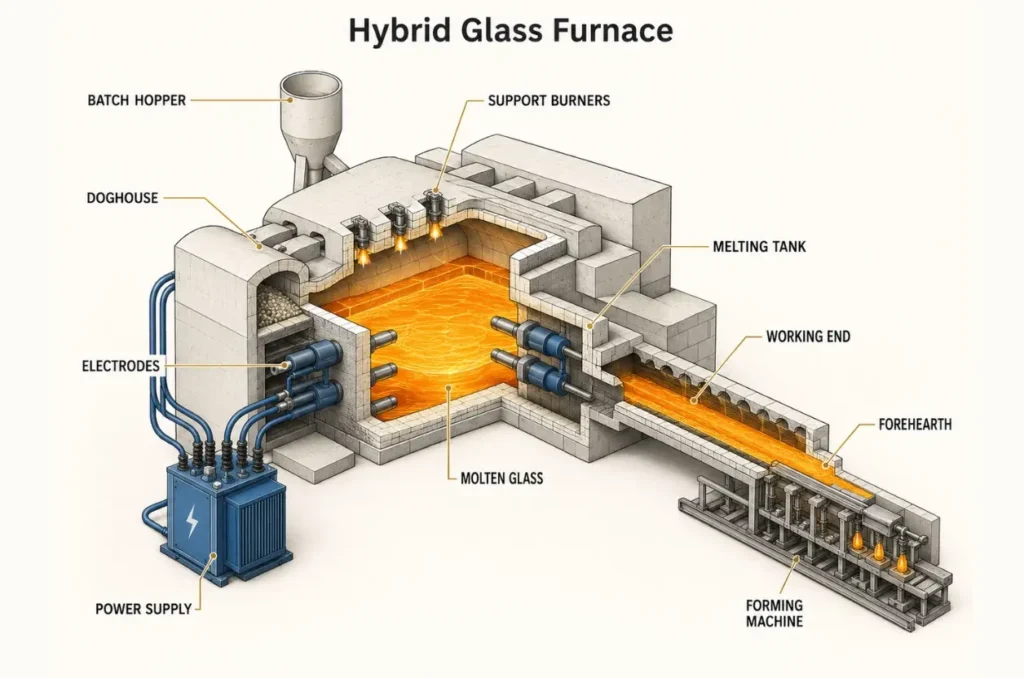 cutaway diagram of a hybrid glass furnace using electric electrodes and support burners