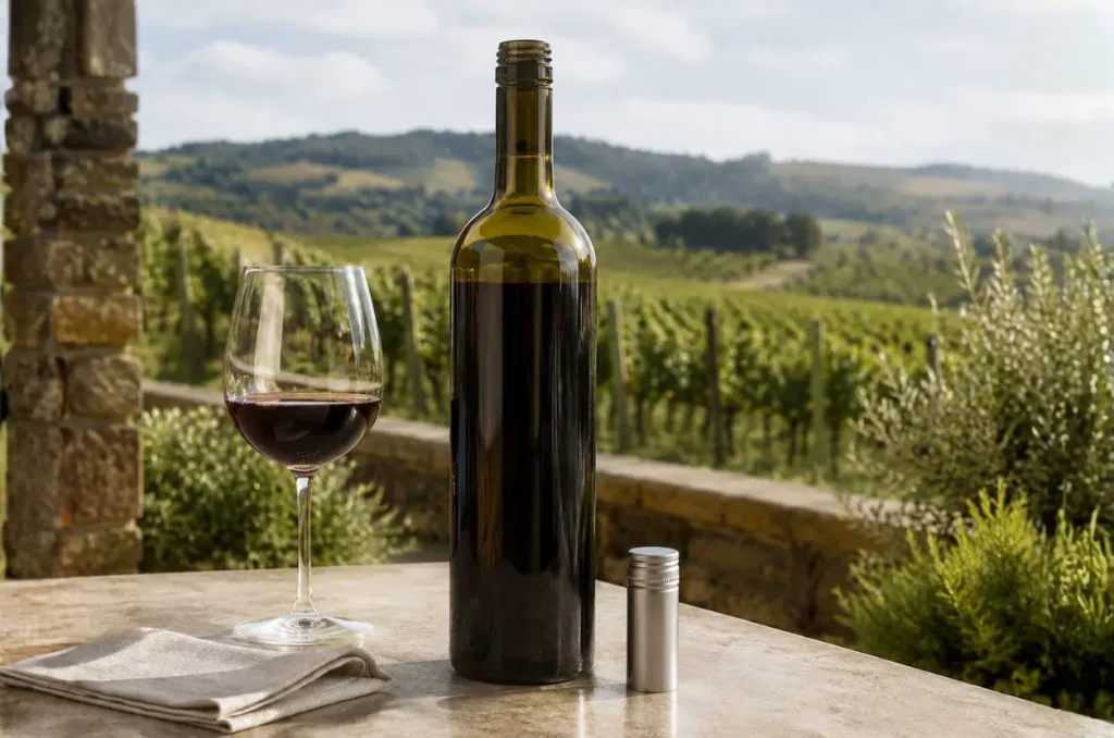 screw-top red wine bottle with long-skirt aluminum cap in an outdoor setting
