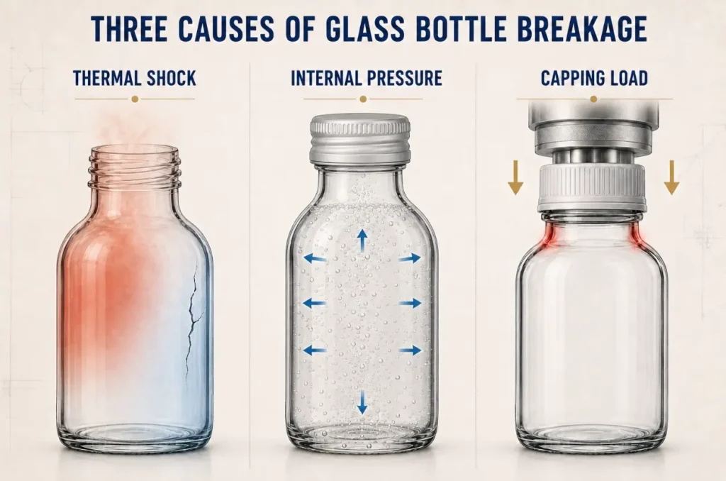 glass bottle breakage caused by thermal shock internal pressure and excessive capping load