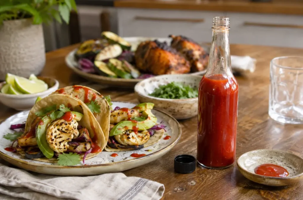 5 oz glass hot sauce bottle served beside food on a dining table