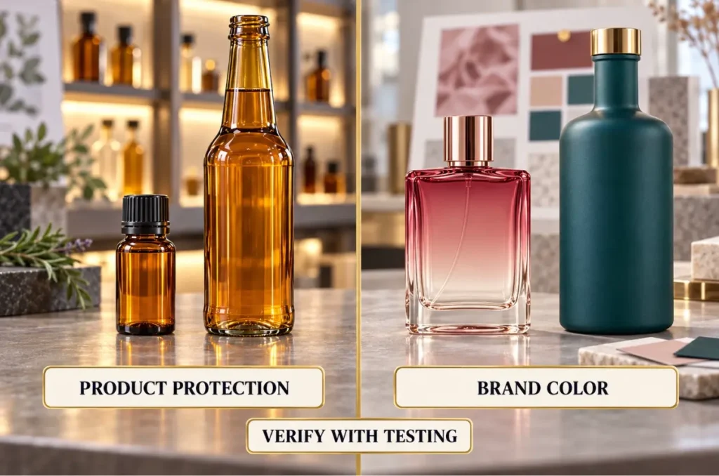 Colored and spray-coated glass bottles for beer, spirits, perfume and essential oils
