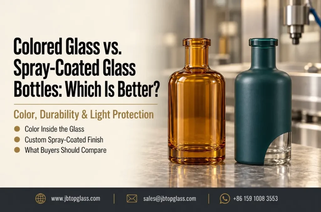 Colored glass bottle compared with a spray-coated glass bottle