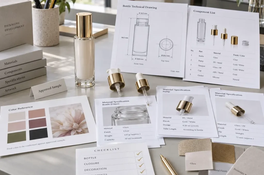 packaging buyer reviewing cosmetic glass bottle specifications and supplier documents