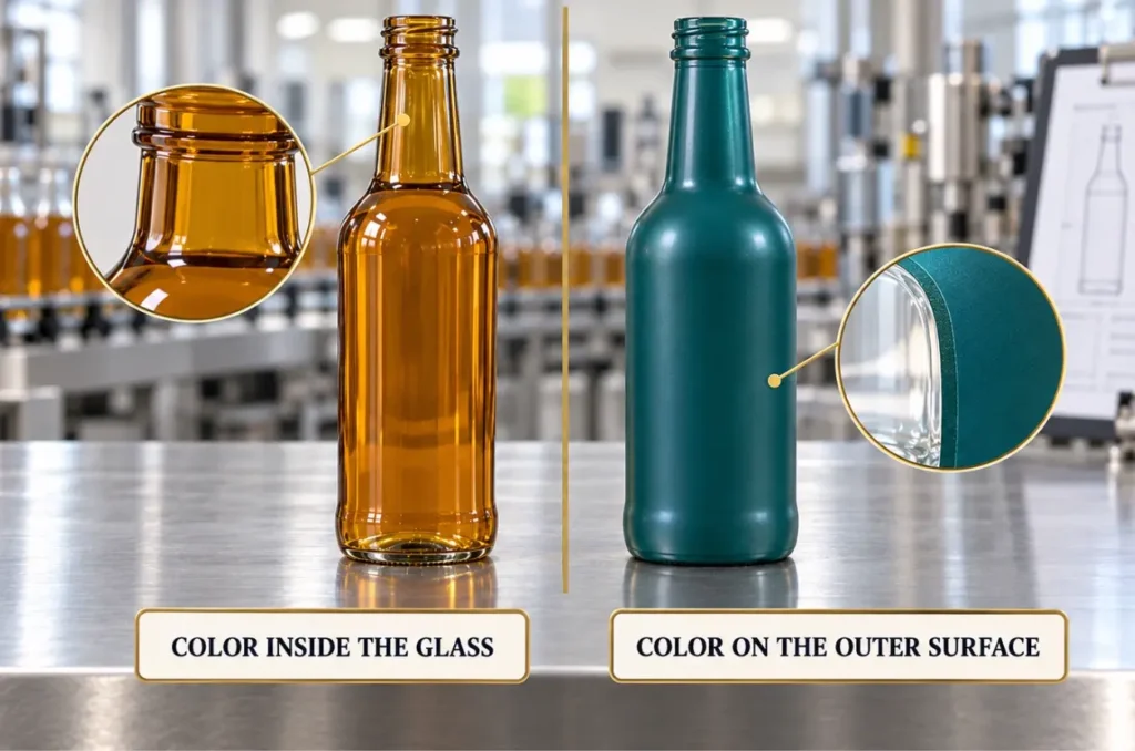 Cross-section comparison of colored glass and spray-coated glass bottles