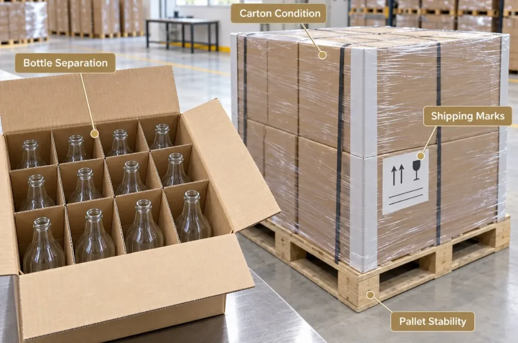 Glass bottles separated by carton dividers and export cartons secured on a pallet