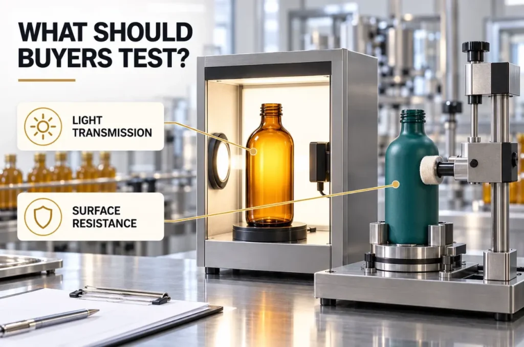 Durability and light protection testing for spray-coated glass bottles