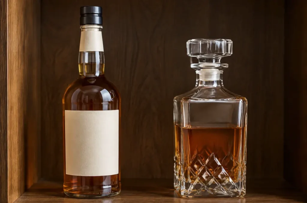 whiskey stored in original liquor bottle and glass decanter