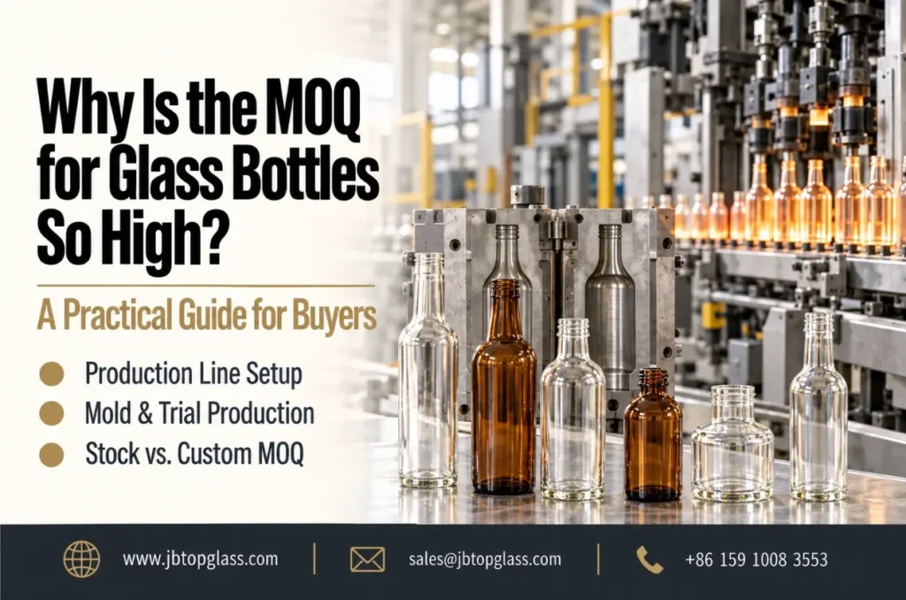 Glass bottle MOQ explained with bottle molds and a production line