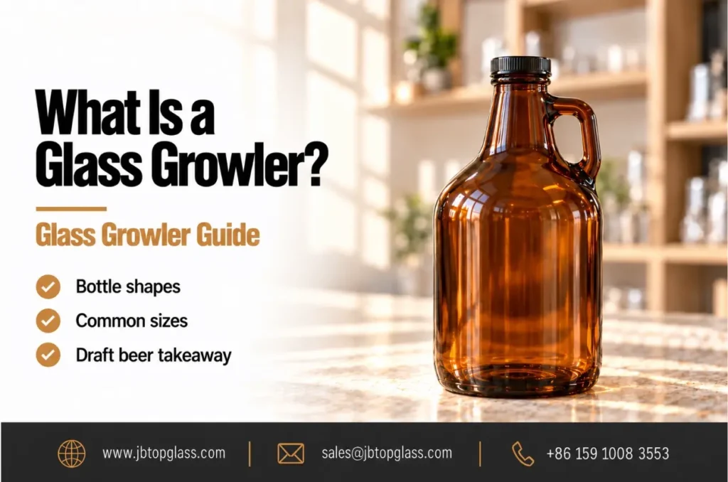 Amber glass growler with a handle on a brewery counter.
