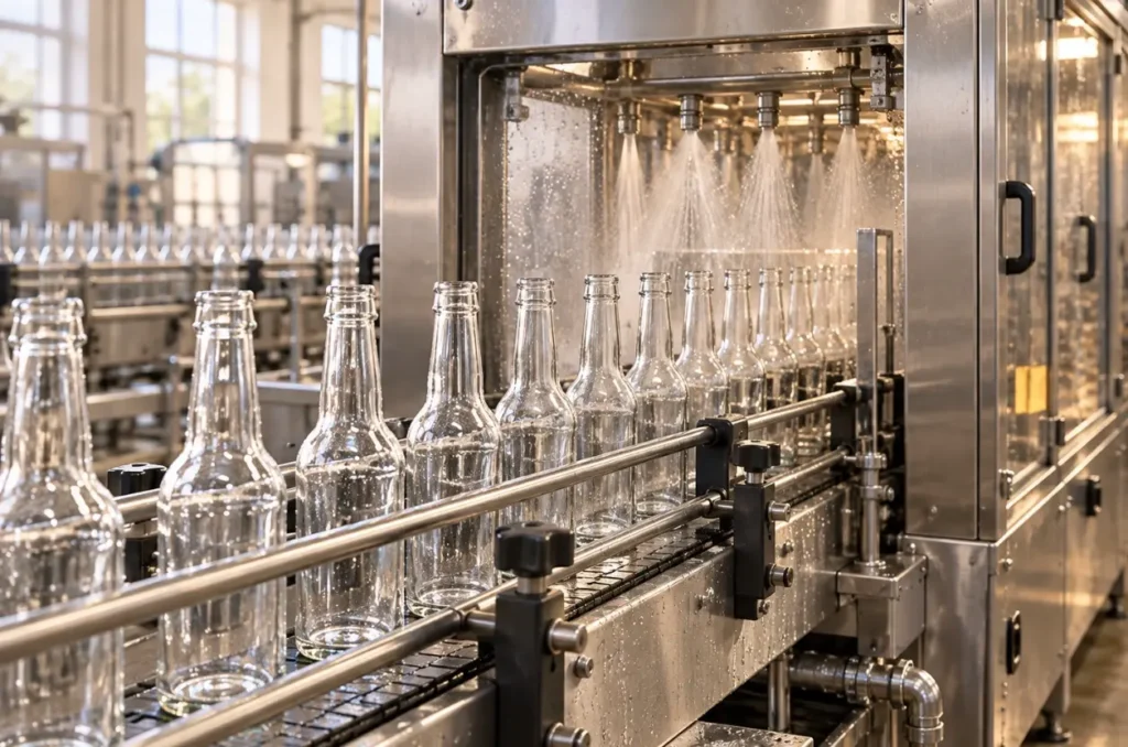 Empty glass beverage bottles entering a stainless steel bottle washer on a conveyor.