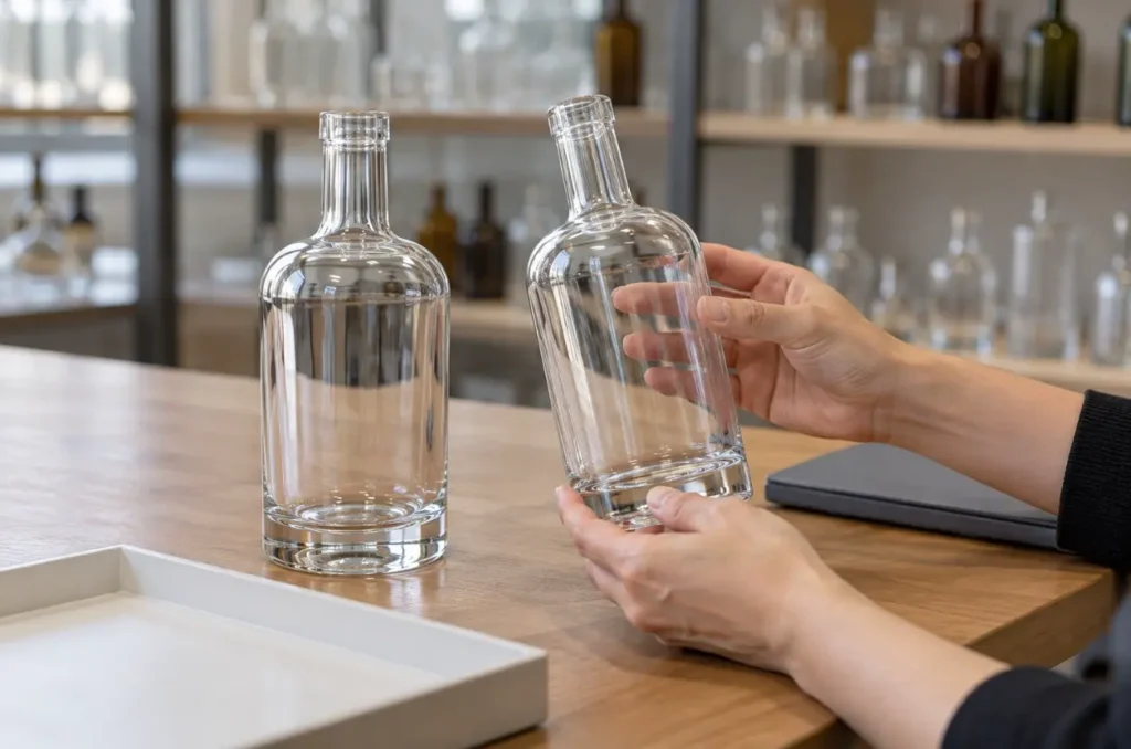 Approved glass bottle sample compared with a bottle from a new production batch