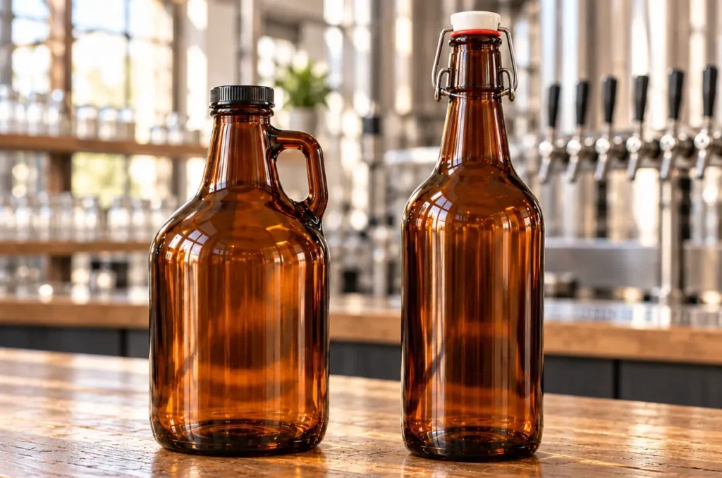 A rounded glass growler with a handle beside a taller swing-top growler on a wooden counter.