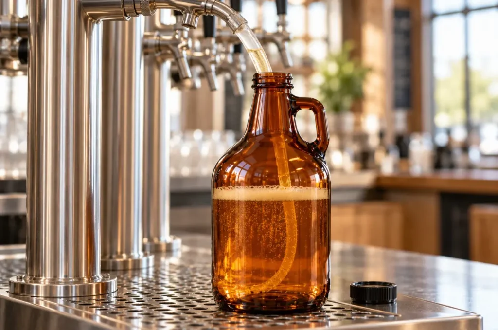 An amber glass growler being filled with draft beer through a filling tube at a brewery.