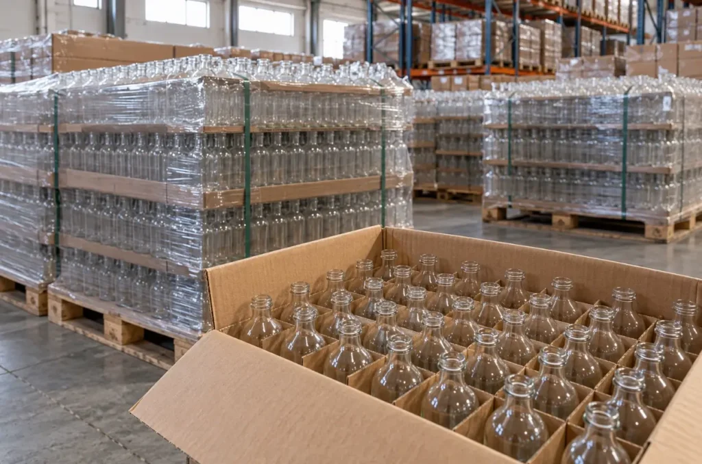Finished glass bottles packed on pallets in a warehouse