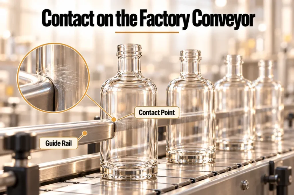 Glass bottles passing a conveyor guide rail with the contact area shown in a close-up.