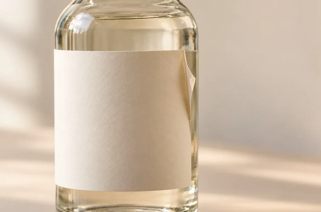 Close-up of a paper label lifting at one edge of a glass bottle