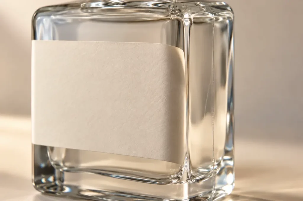 Glass bottle showing the label panel, side seam and a label crossing a curved area