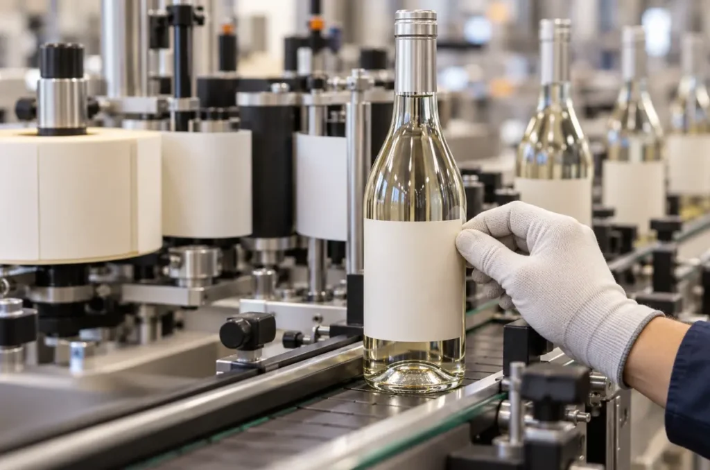 Labeled glass bottle samples checked after application and storage testing