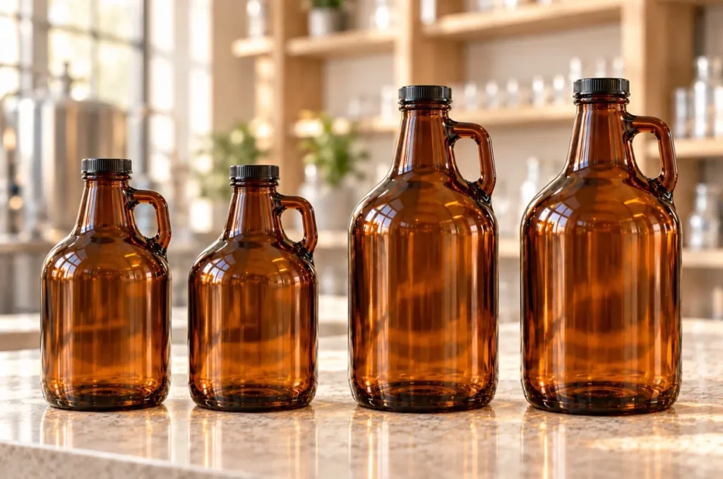 Glass growler bottles labeled 32 U.S. fl oz, 64 U.S. fl oz, 1L and 2L.