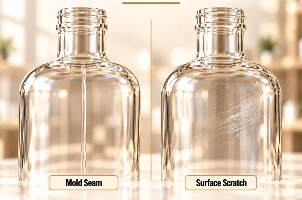 Close-up comparison of a mold seam and a surface scratch on clear glass bottles.