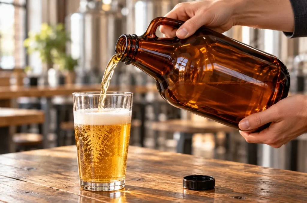 Beer being poured from an amber glass growler into a drinking glass at a table