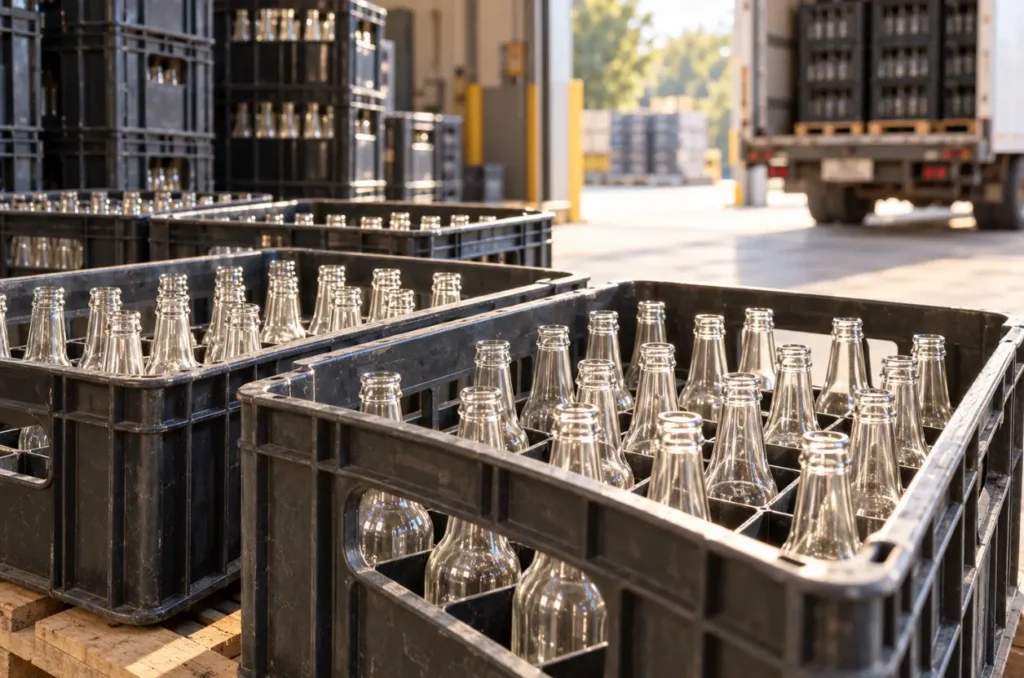 Empty clear glass bottles in divided return crates at a beverage warehouse loading bay.