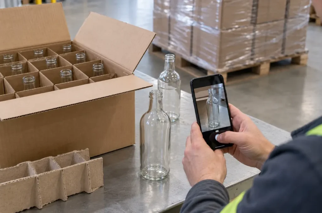 Worker checking glass bottles and packaging from a repeat order