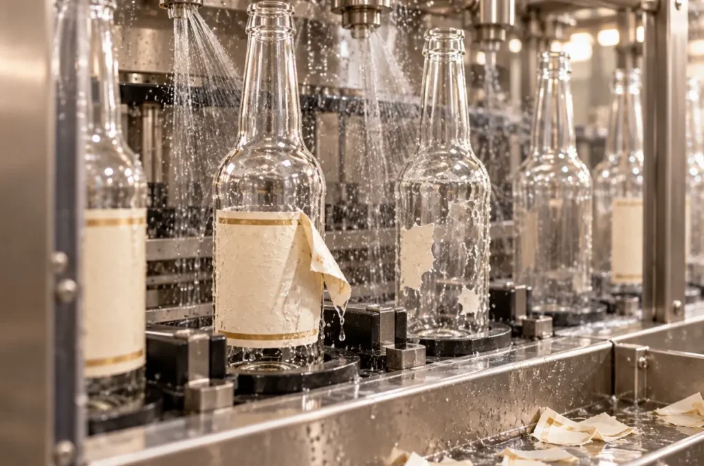 Wet paper labels peeling away from glass bottles inside a commercial bottle washer.
