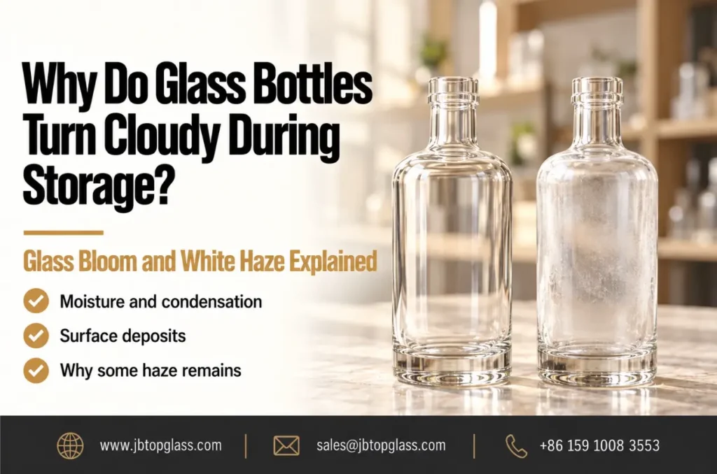 Clear and cloudy glass bottles showing white haze after storage