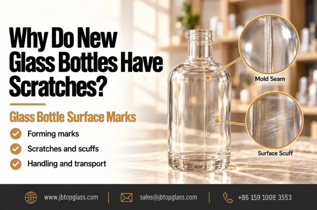 Clear glass bottle with close-up views of a mold seam and surface scuff marks.