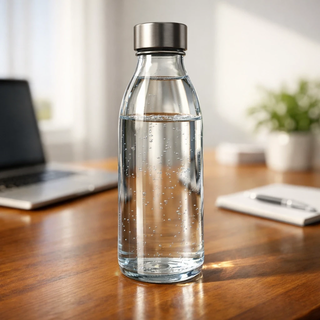 Clear reusable glass water bottle on a desk with natural light