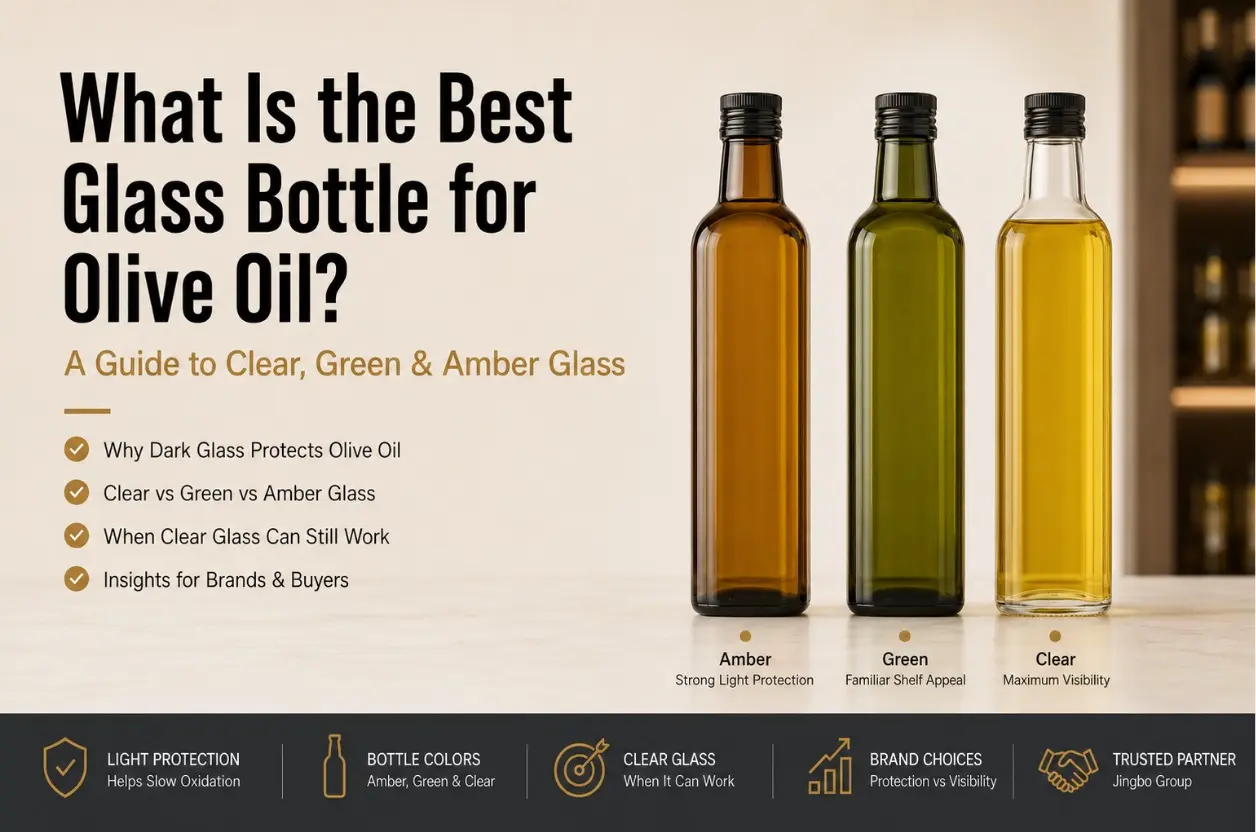 Clear, green, and amber glass bottles used for olive oil