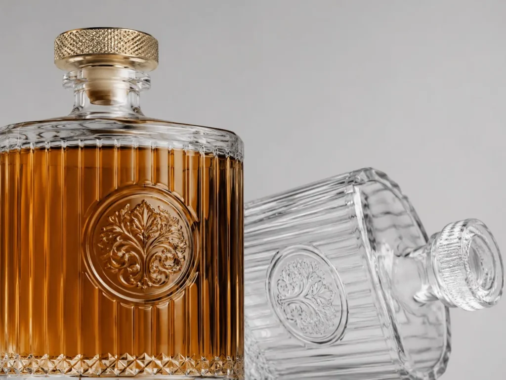 Embossed logo and glass texture on custom molded glass bottles