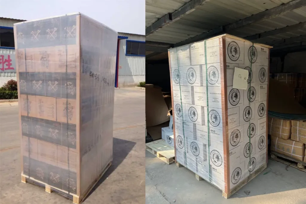 装有空玻璃瓶的纸箱堆放在木托盘上并固定好