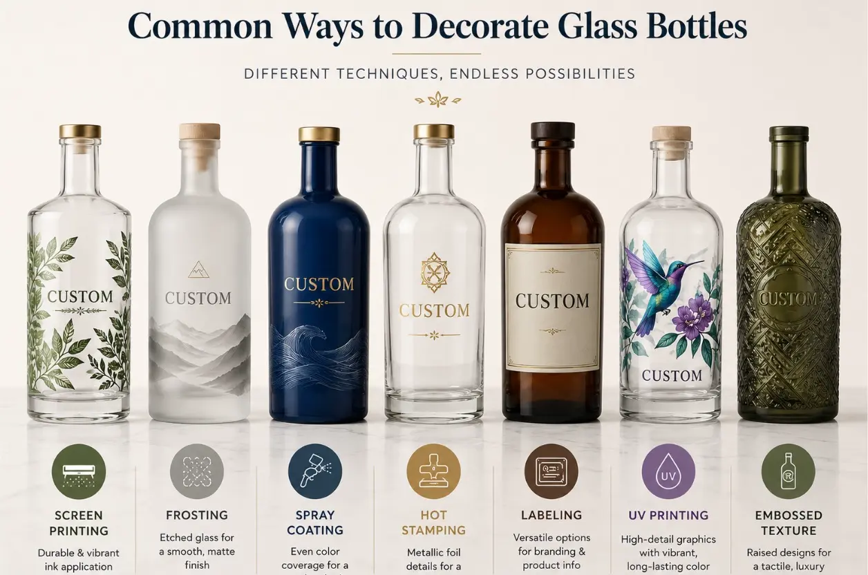 glass bottle decoration methods including printing frosting coating and hot stamping
