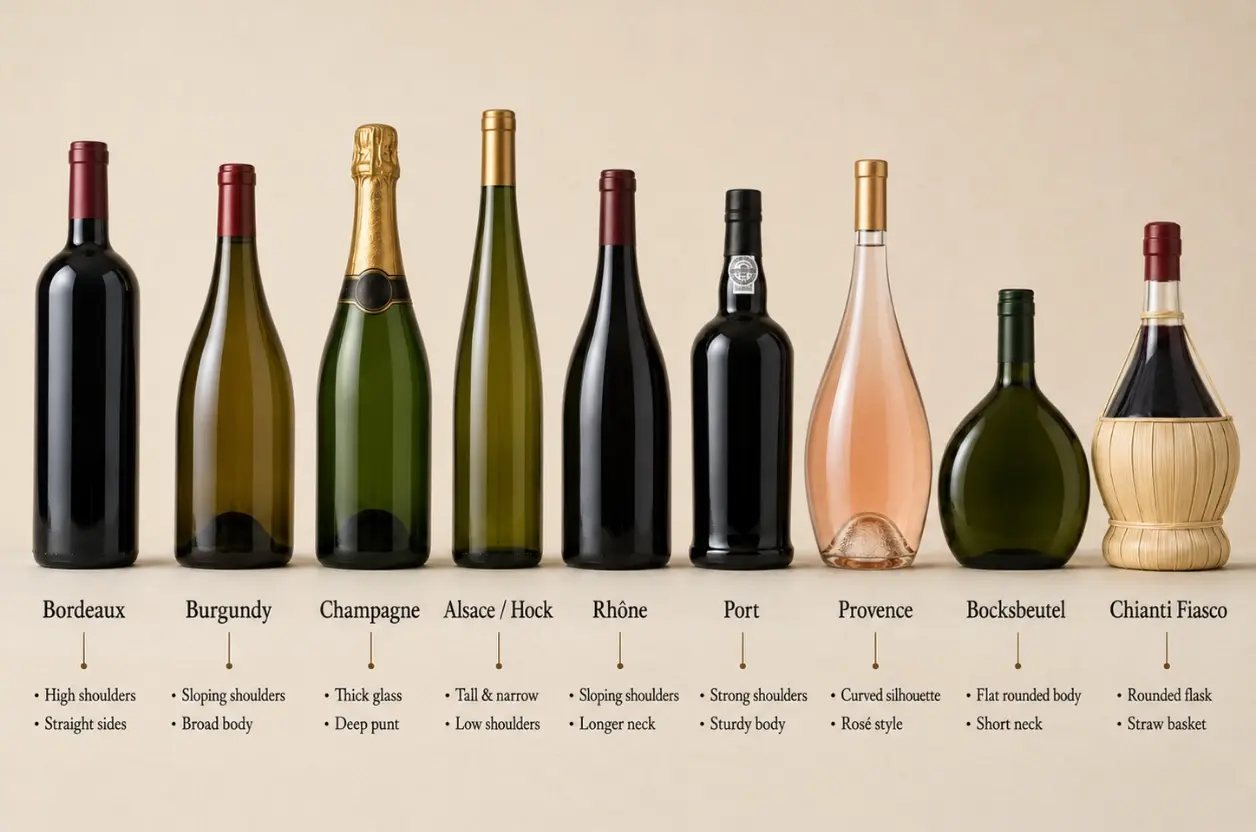 wine bottle shapes including Bordeaux Burgundy Champagne Alsace Rhône Port and Provence bottles