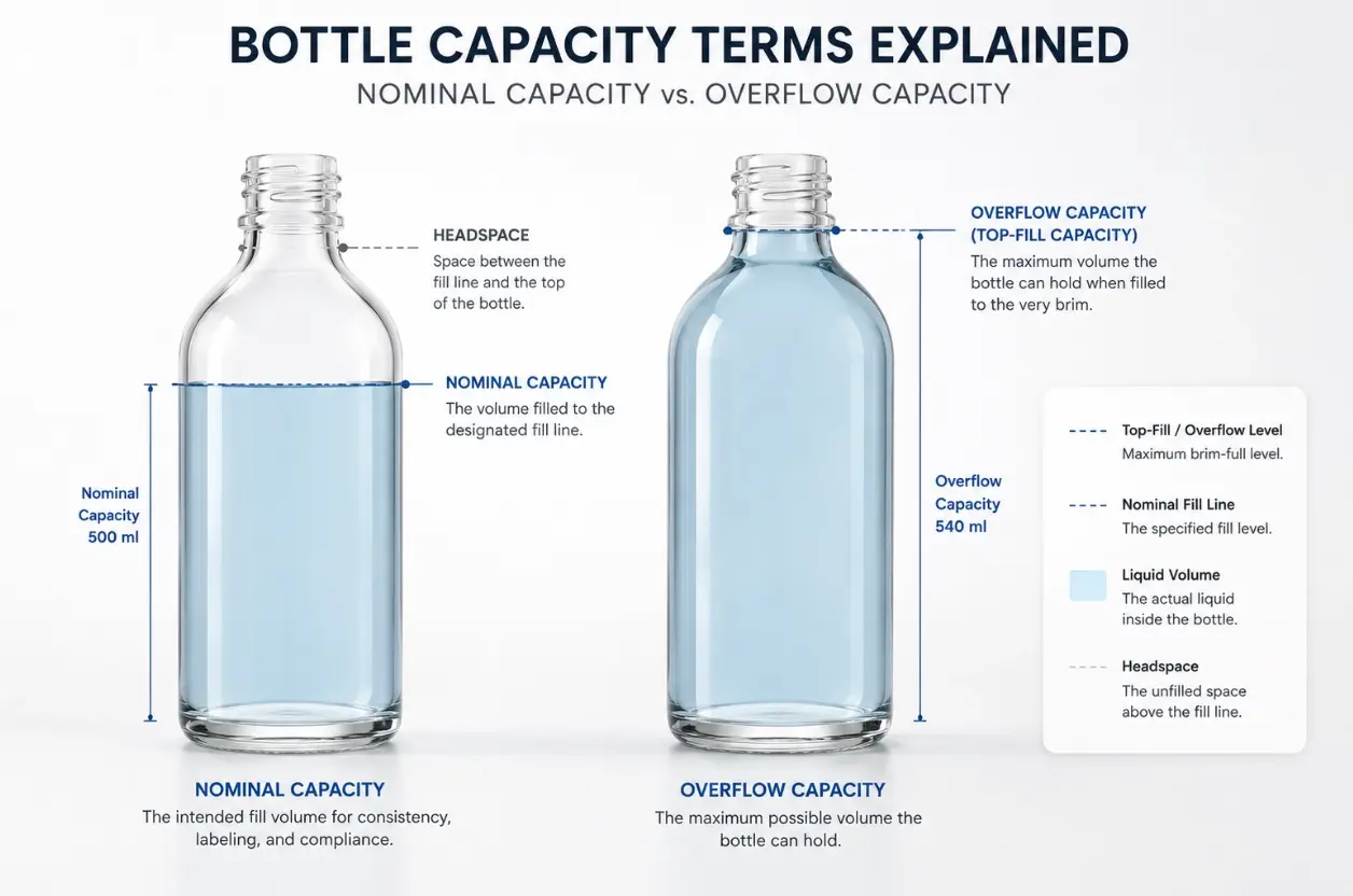 overflow capacity compared with nominal capacity and headspace in glass bottles